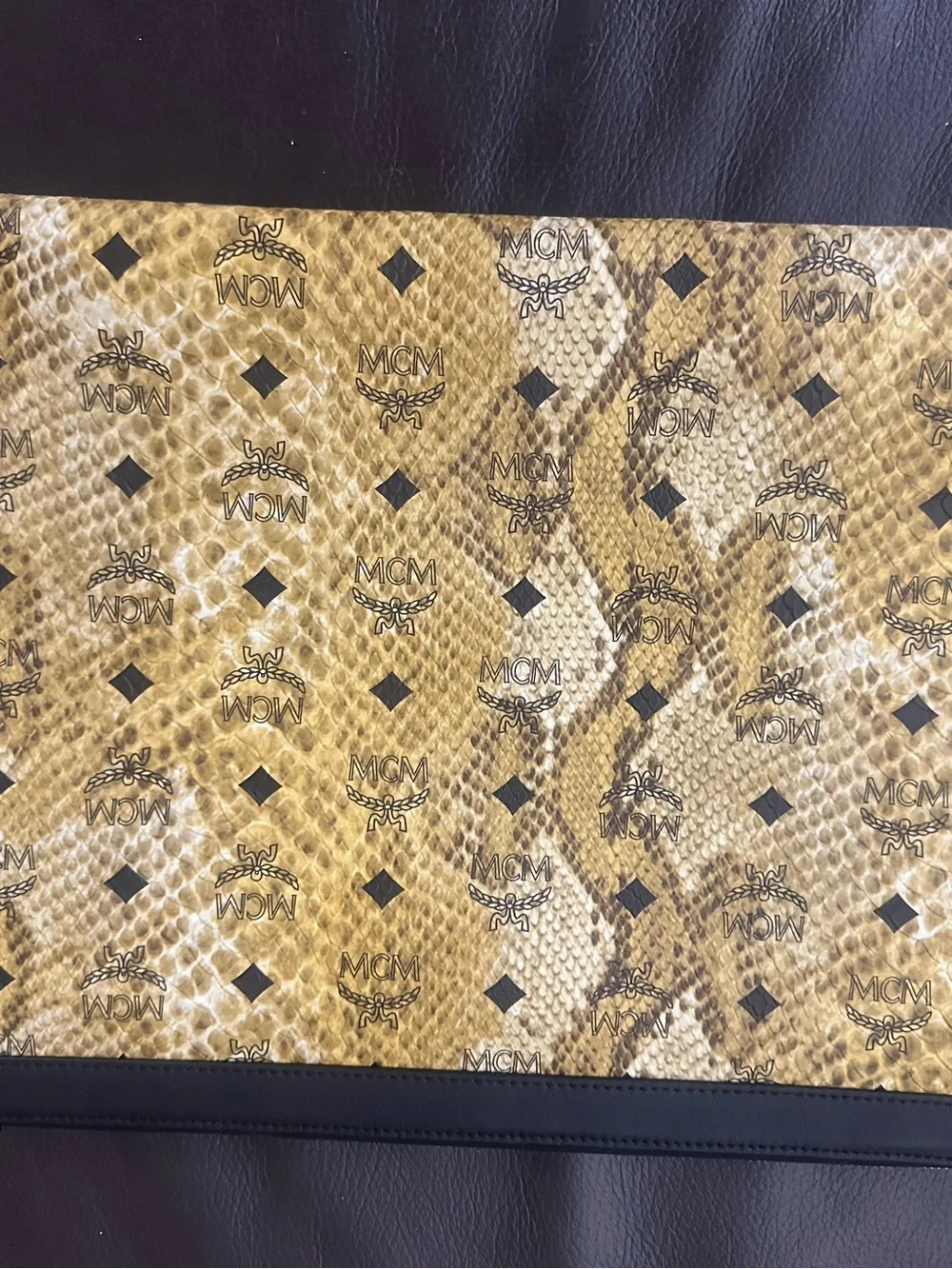MCM Gold Snakeskin-Print Studded Logo Wristlet Clutch with Black Trim 14.5 x10.5
